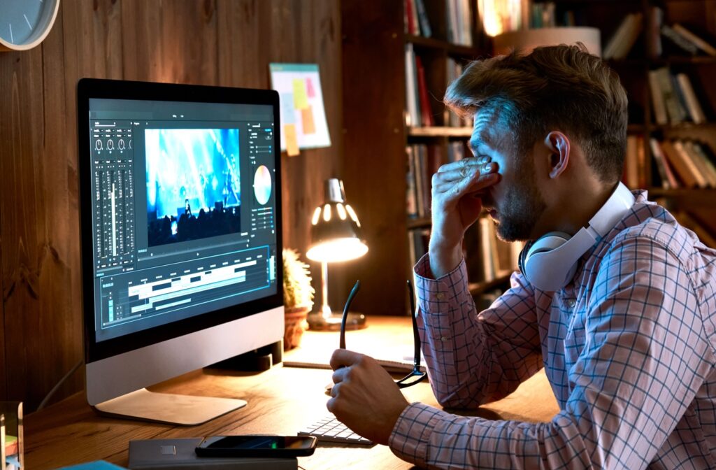 A person sitting at their desk, with a bright computer screen, rubs their tired eyes.