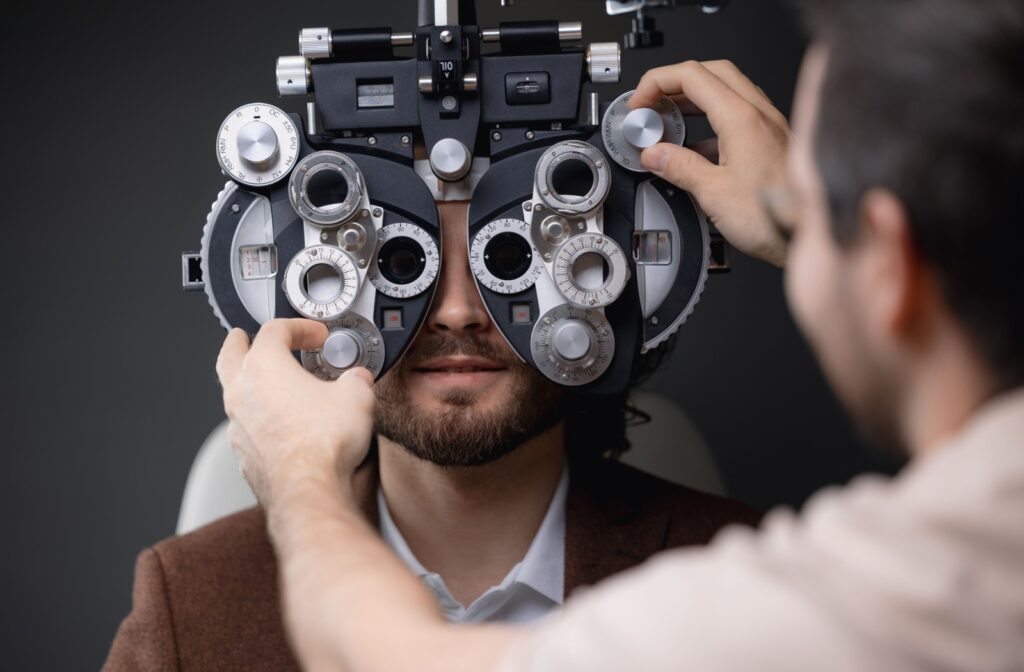 Close up of someone undergoing an eye exam for an updated eye prescription.
