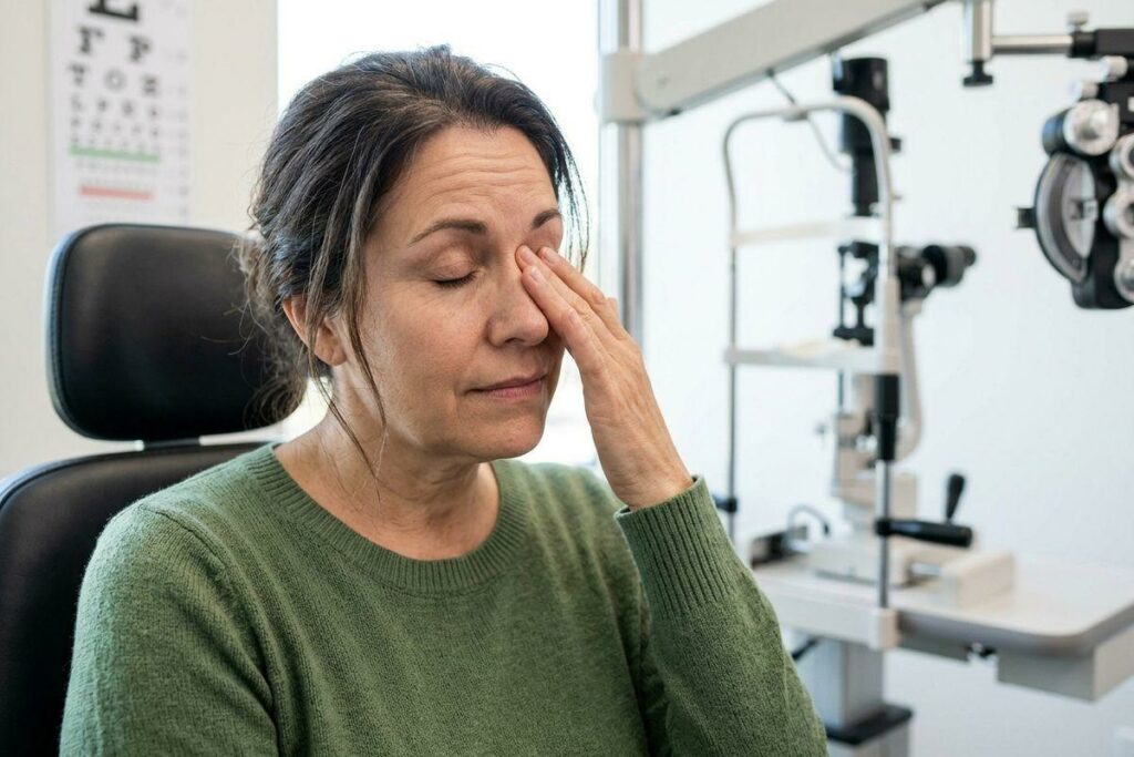 Person rubbing their eye while at the eye doctors
