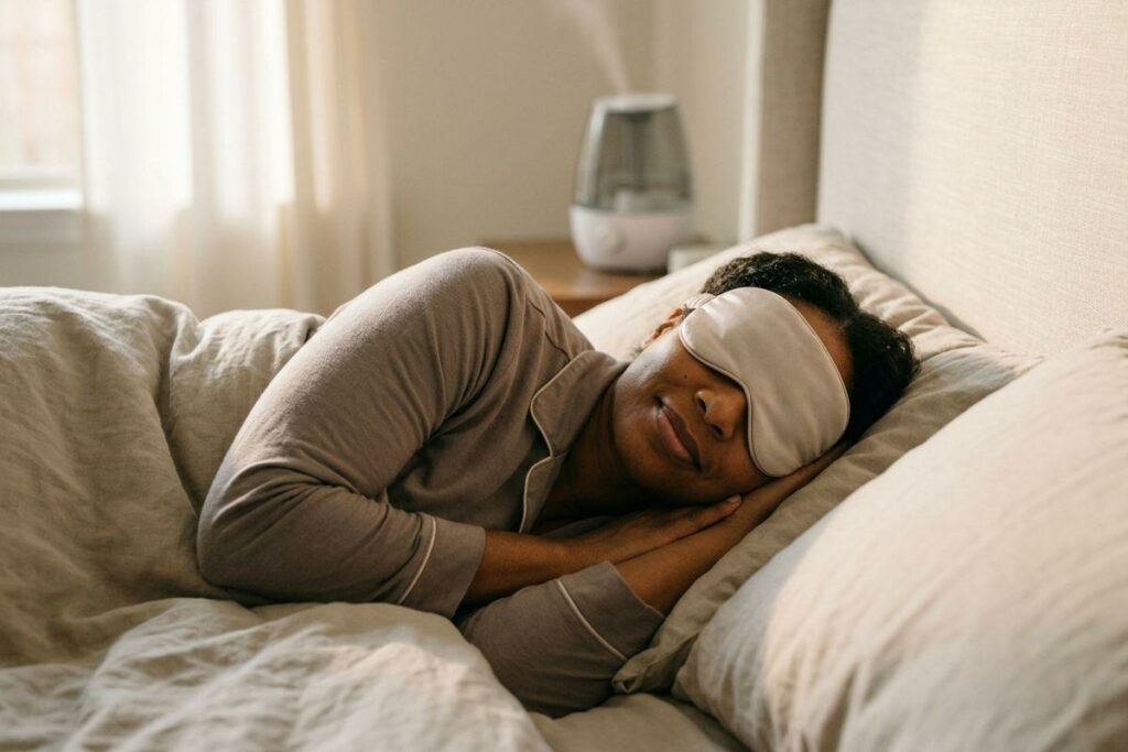 A person wearing a sleep mask and pajamas lies in bed with a slight smile. A humidifier is on a nightstand in the background.