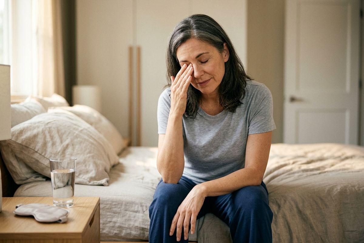An adult with a tired expression sits on the edge of a bed, rubbing their closed eye. A glass of water rests on the nightstand nearby.
