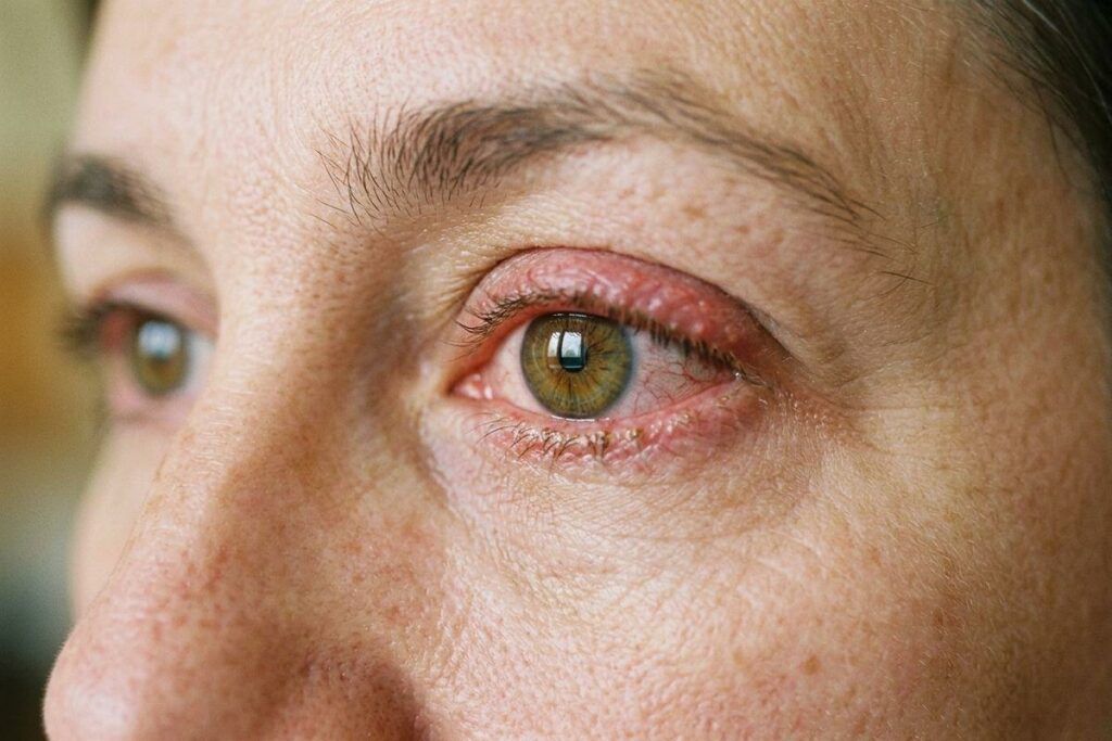Close-up of a person's face showing green eyes with red, inflamed eyelids and bloodshot whites.