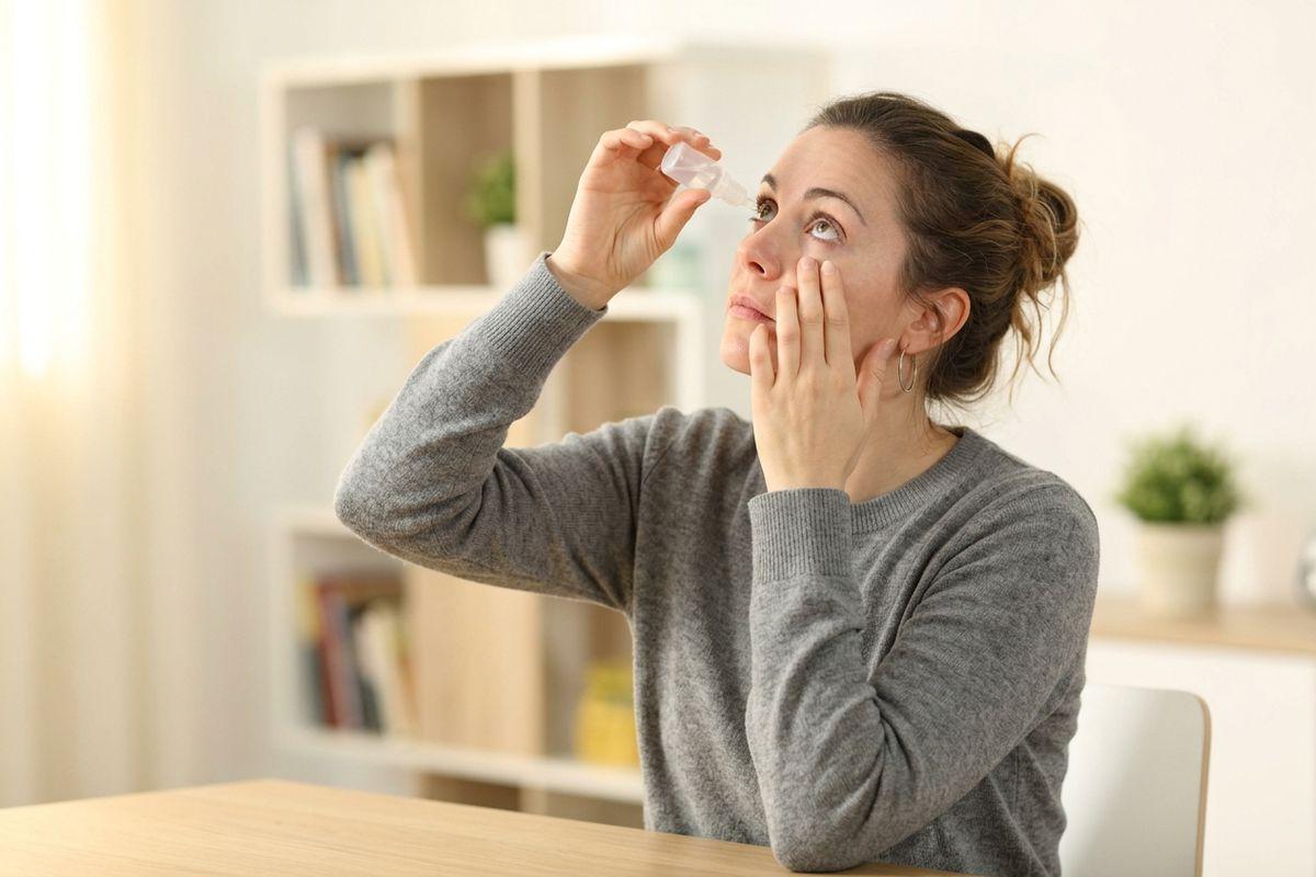 Person in gray sweater applying eye drops into one eye while seated at a table at home.
